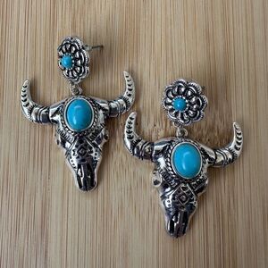 Silver Bull Skull Earrings with Turquoise Accents